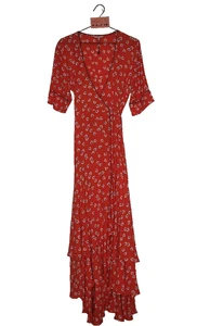 Vestido Ganni 8 36 Naranja Rojo Floral Largo Maxi Envolvente Volantes Mangas Cortas Preciado - Imagen 1 de 11