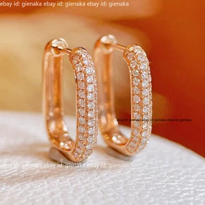 Real Pure 18K Rose Gold Natural Diamond Earrings Square Hoop Women Earrings - Picture 1 of 9