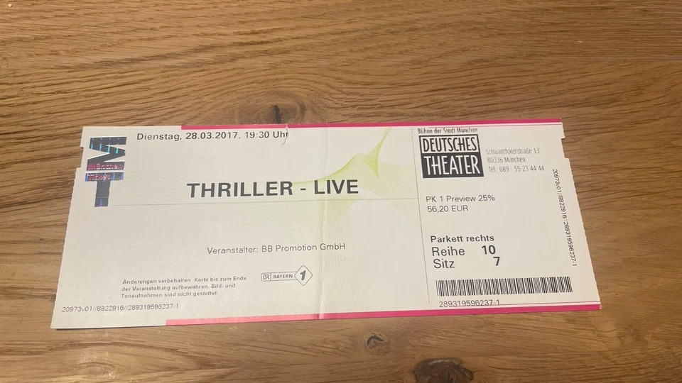 Eintrittskarte deutsche Theater München  – Thriller 28.03.2017 - Bild 1 von 2