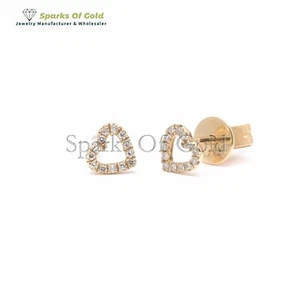 Diamond Pave Open Heart Studs 14K Yellow Gold Stud Earrings Jewelry Gift For Her - Picture 1 of 3