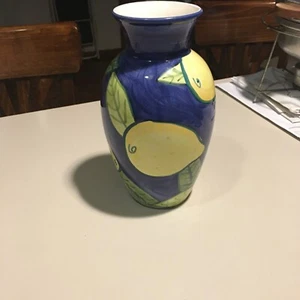 zrike Hand Painted vase blue yellow lemons 11” - Picture 1 of 8