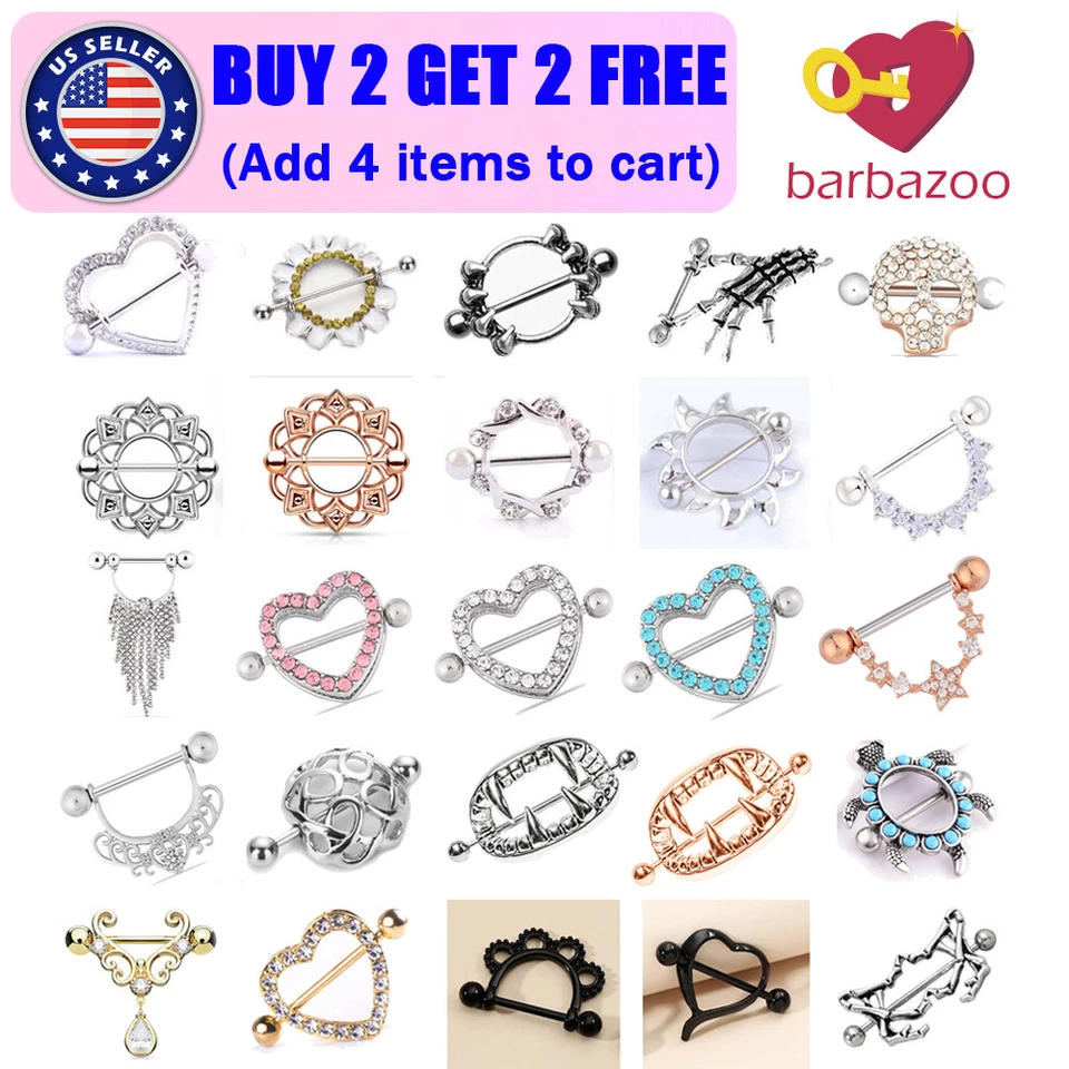 Par de piercing corporal de acero quirúrgico con barra de pezón recta protector anillo pezón 14G Foto 1 de 2