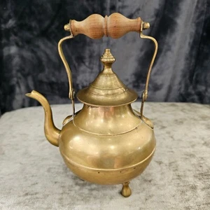 Vintage Brass Teapot Kettle With Wood Handle - Picture 1 of 9