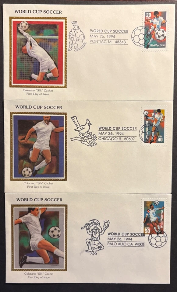 #2834-36 World Cup Soccer - 3 covers on Colorano "Silk" cachets - Image 1 of 1