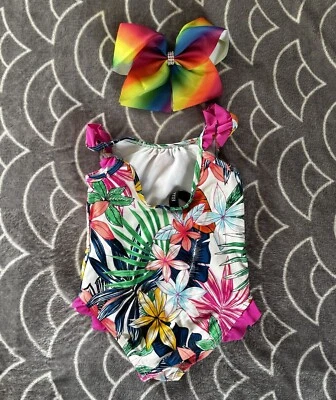 Ellen Tracy Tropical 1-Pc Swim Bathing Suit Sz 4T + Pumpkin Beach Ball + Bow - Image 1 of 4