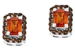 Meher's Jewelry SS Orange Sapphire & Smoky Quartz Gemstone Stud Earring - Picture 1 of 2