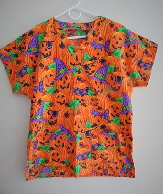Camiseta Feminina Halloween Jack o Lantern Scrub Top L Laranja Enfermeira Veterinária Grande Boa - Imagem 1 de 3