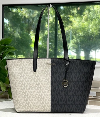 MICHAEL KORS JET SET MEDIUM ZIP TOTE SHOULDER BAG PURSE MK LOGO BLACK WHITE GOLD - Image 1 of 4