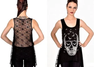B16 Banned Riot Vest Lace Skulls Bats Skeleton Punk Rock Goth Racerback Tank   - Picture 1 of 8
