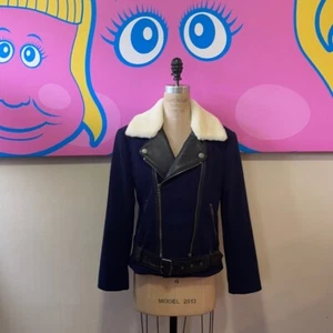- JOIE Blue Wool Fayana Leather Moto Biker Jacket - Bild 1 von 11