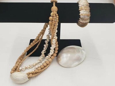 Conjunto de 3 piezas de joyería de madera/concha para mujer collar pulsera y hebilla de cinturón Foto 1 de 4