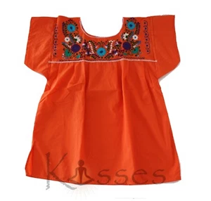 Mexican Peasant Blouse Hand Embroidered Top Colors Vintage Style Tunic Orange - Picture 1 of 5