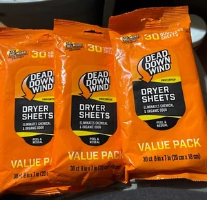 90 x Dead Down Wind Hunting Dryer Sheets 3 Packages of 30 Each No Odor NEW - Picture 1 of 3