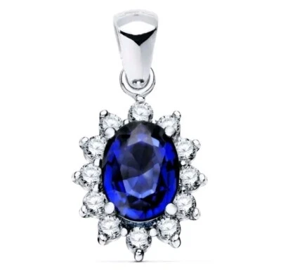 Colgante oro 18k 750 mls. Oro Blanco. Zafiro 0,98 Q. 12 Diamantes 0,35 Q.  - Imagen 1 de 3