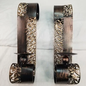 Set of 2 Curved All Metal Wall Sconce Pillar Candle Holders, Bronze Finish - Picture 1 of 3