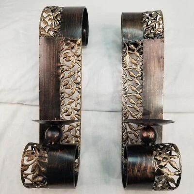 Set of 2 Curved All Metal Wall Sconce Pillar Candle Holders, Bronze Finish - Image 1 of 3