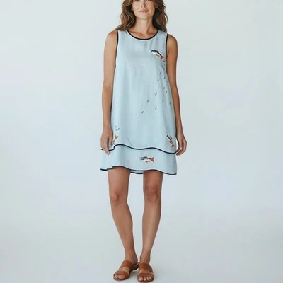 Maeve Anthropologie Sleeveless Tiered Mini Dress NWT Womens Sz M Fish Embroidery - Image 1 of 4