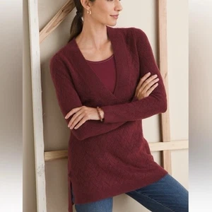 Maglione tunica scollo a V strutturato a spina di pesce Chico’s 2 L Cranberry Spice nuovo con etichette $109 - Foto 1 di 9