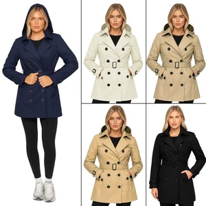 Abrigo Trench Para Mujeres Kruze Con Capucha Impermeable Ajustado Con Botones - Picture 1 of 20