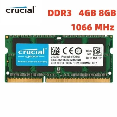 CRUCIAL DDR3 4GB 8GB 1066 MHz PC3-8500 Laptop SODIMM 204-Pin Memory RAM 8G 4G - Image 1 of 4