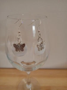 Handmade Dangle Butterfly Charm Disc Earrings, Silver - Picture 1 of 2