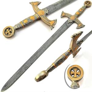 Handgefertigt Damaststahl Schwert Ritter Templer mittelalterlicher König Artus historisch SW - Bild 1 von 5