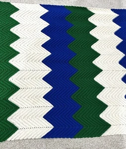 Afghan Hand Made Crocheted Blue Ivory Green - Picture 1 of 2