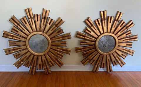2 SUNBURST Starburst MIRRORS 33" WOOD GOLD MidCentury Vintage Hollywood Regency Cover