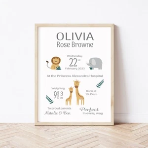 New Baby Gift | Newborn Gift | Birth Detail | Birth Print | Personalised Safari - Picture 1 of 10