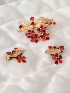 Juego de broches y pendientes de cristal vintage hechos en Austria tono dorado rojo rosa naranja - Imagen 1 de 12