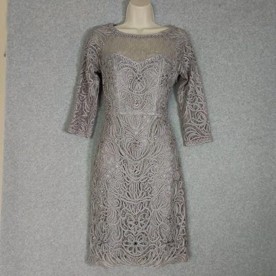 Коктейльное платье Sue Wong Nocturne Gray Lace Macramé Illusion рукав 2 сделано в США с бисером - Изображение 1 из 4
