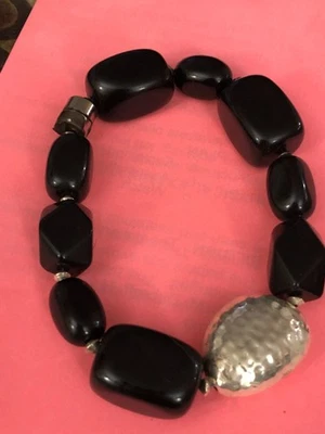 SILPADA Sterling Silver Black Quartz Bead Hammered Magnetic clasp Bracelet B1328 - Image 1 of 4