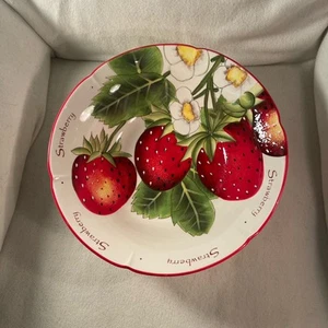 Pier 1 Handpainted Strawberry Dolomite Ceramic Round Serving Bowl 13” Diameter - Picture 1 of 6