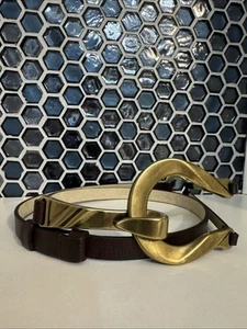 Chico's Brown Leather Skinny Belt Womens S/M Adjustable Gold Tone Hook RN# 79984 - Picture 1 of 6