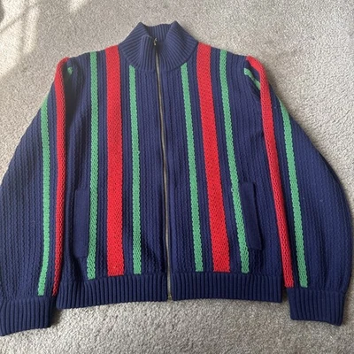 GUCCI MENS BOMBER JACKET KNIT ZIPPER CARDIGAN SWEATER WOOL WEB STRIPE sz L - Image 1 of 4