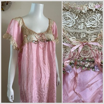 NOS 1940s Pink Satin Slip Dress Tape Lace Roses Woven Jacquard Bows Rosette VTG - Image 1 of 4