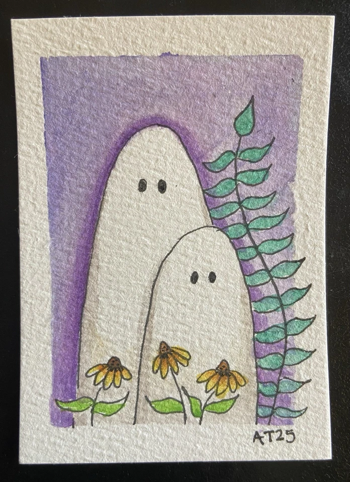 Ghosts Portrait with Floral ACEO Original Watercolor Art Card - Image 1 of 1