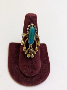Vintage Turquoise Garnet Ring: 90s Sterling Silver 18K Vermeil Multiple Sizes - Picture 1 of 5