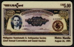 $5. Philippine Numismatic Conven. (8/95) 500 Pesos Currency 'PROOF' Phone Card - Picture 1 of 2