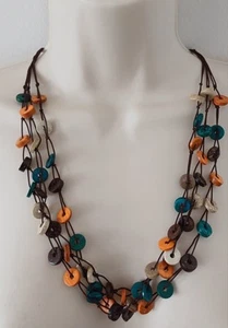Hand crafted Boho Style Wooden button Necklace Multi Strand teal orange NEW - Picture 1 of 4