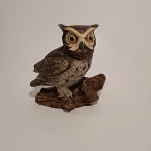 Brown Owl On Log Ceramic Figurine 5 Inch Taiwan Vintage - Picture 1 of 6