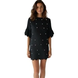 Black Pearl Embellished Scallop Hem Dress Women’s Size M Cocktail 3/4 Sleeve - Picture 1 of 5