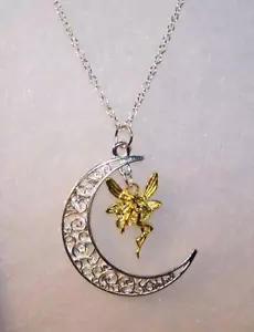 CRESCENT MOON FAIRY pendant 20" Chain 925 Sterling Silver plated Necklace gold - Picture 1 of 8