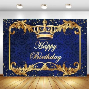 Telón de fondo de feliz cumpleaños dorado azul real corona príncipe rey foto fondo decoración - Imagen 1 de 7
