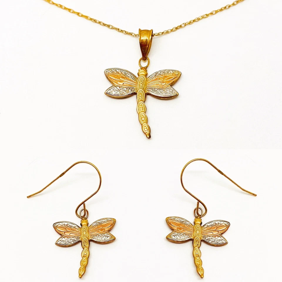 Genuine 9ct Yellow White Rose Gold Dragonfly Earrings & Pendant Set W 18" Chain - Image 1 of 1