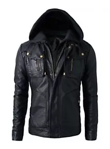 Mens Biker Vintage Motorcycle Black Retro Leather Jacket With Detachable Hood - Picture 1 of 4