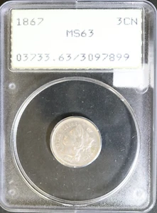 1867 Nickel Three Cent Piece MS63 PCGS in Old Rattle Holder!! - Picture 1 of 3