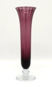 Vintage Amethyst Fluted Ribbed Glass Bud Vase with Clear Base 8 In - Picture 1 of 15