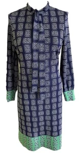 Vintage 70's Blue Geometric Patterned Tie-Neck Shift Dress Medium M - Picture 1 of 9
