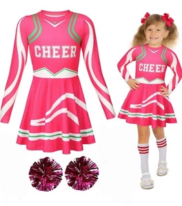 Girls Halloween Costume Long Sleeve Cheerleader Outfit W Pompoms Size L Dress Up - Picture 1 of 3